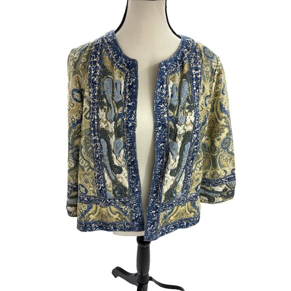 Chicos Womens M Paisley Brocade Jacket Open Front 3/4 Sleeve Boho Blue Green - Picture 1 of 9